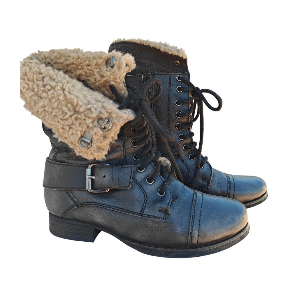 Diba Black Faux Shearling Combat Boots Lace-Up Buckle Women’s 8